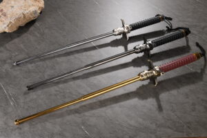 A person demonstrating the correct stance with an expandable baton